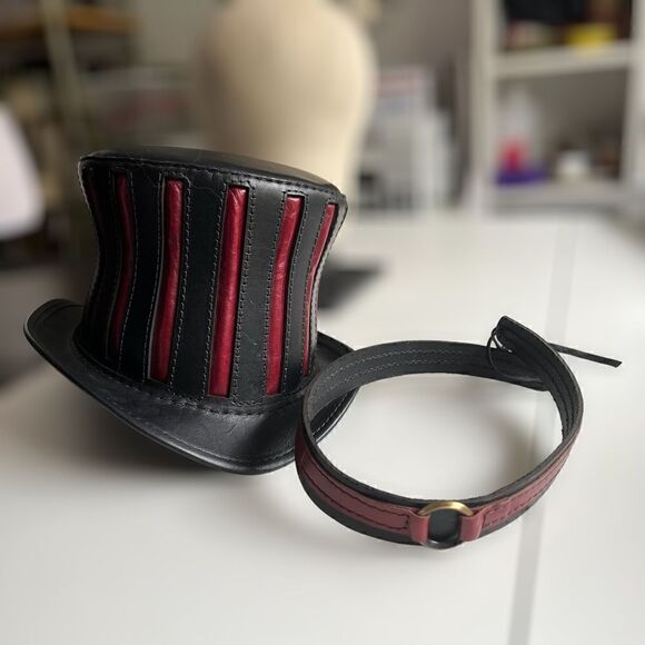 Black and Red Leather Top Hat - The Red Mad Hatter- 22.5” - Picture 14 of 15